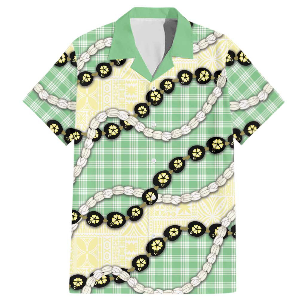 Green Palaka Hawaii Family Matching Puletasi and Hawaiian Shirt Kukui Nut Pikake Lei Hawaiian Tapa Pattern LT14 Dad's Shirt - Short Sleeve Green - Polynesian Pride