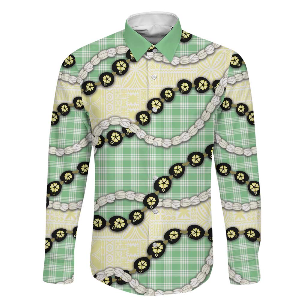 Green Palaka Hawaii Family Matching Puletasi and Hawaiian Shirt Kukui Nut Pikake Lei Hawaiian Tapa Pattern LT14 Dad's Shirt - Long Sleeve Green - Polynesian Pride
