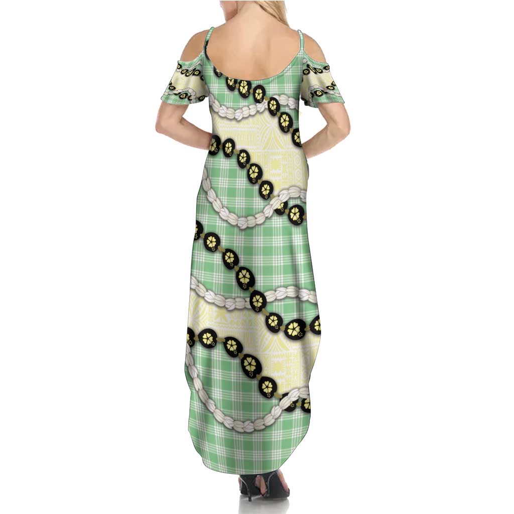 Green Palaka Hawaii Family Matching Summer Maxi Dress and Hawaiian Shirt Kukui Nut Pikake Lei Hawaiian Tapa Pattern - Polynesian Pride