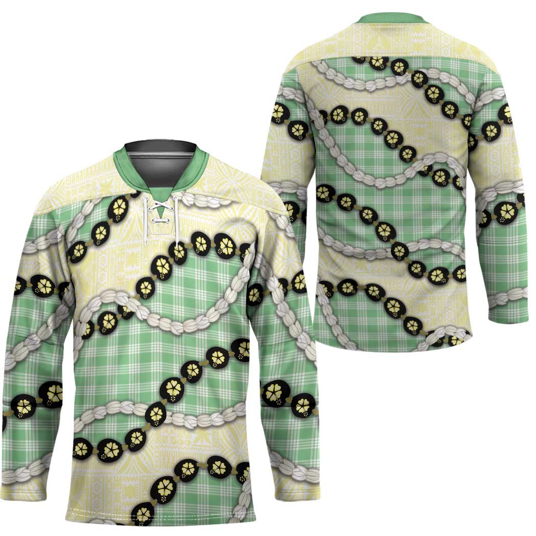 Green Palaka Hawaii Hockey Jersey Kukui Nut Pikake Lei Hawaiian Tapa Pattern - Polynesian Pride