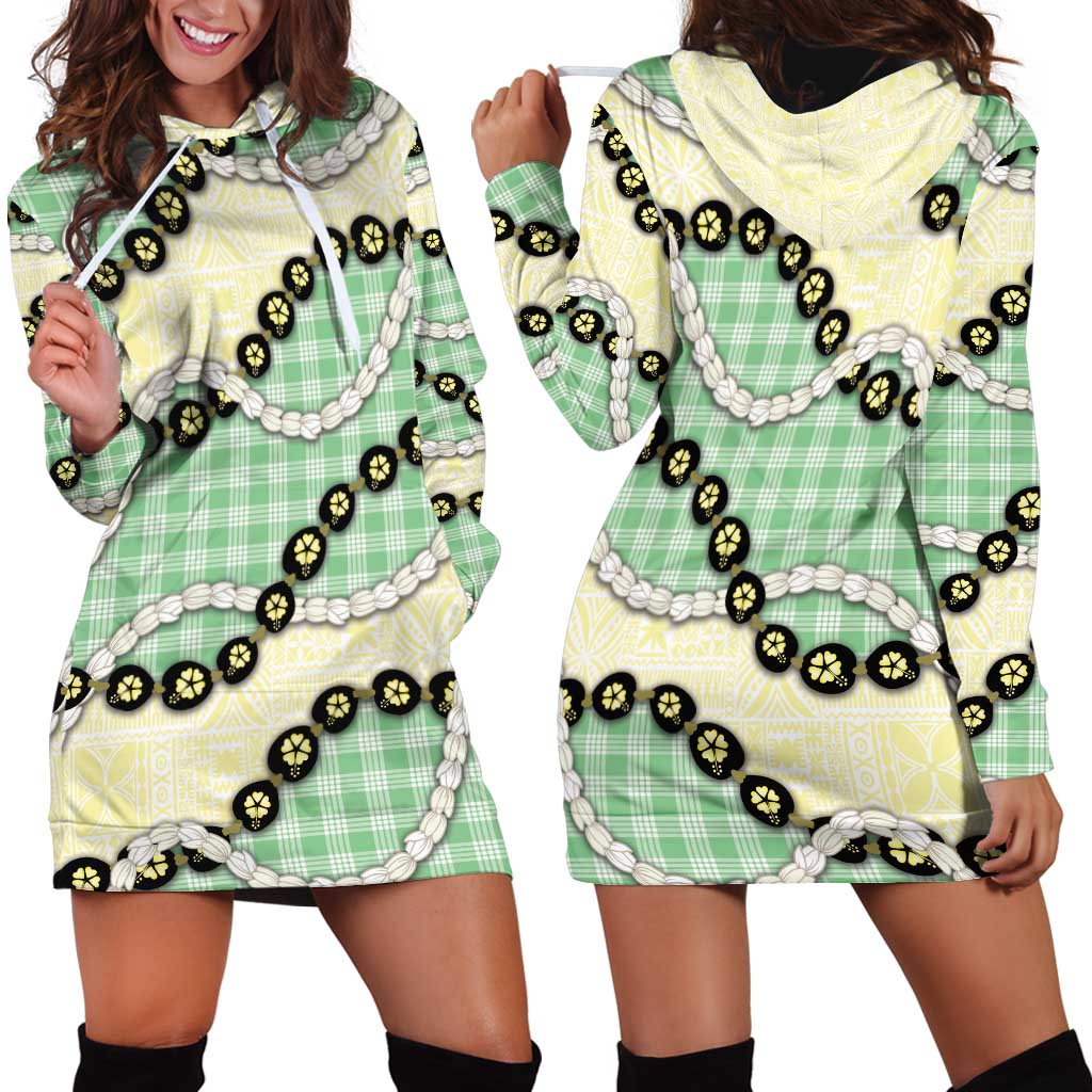 Green Palaka Hawaii Hoodie Dress Kukui Nut Pikake Lei Hawaiian Tapa Pattern - Polynesian Pride