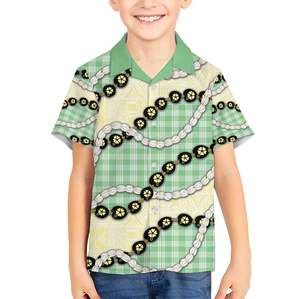 Green Palaka Hawaii Kid Hawaiian Shirt Kukui Nut Pikake Lei Hawaiian Tapa Pattern - Polynesian Pride