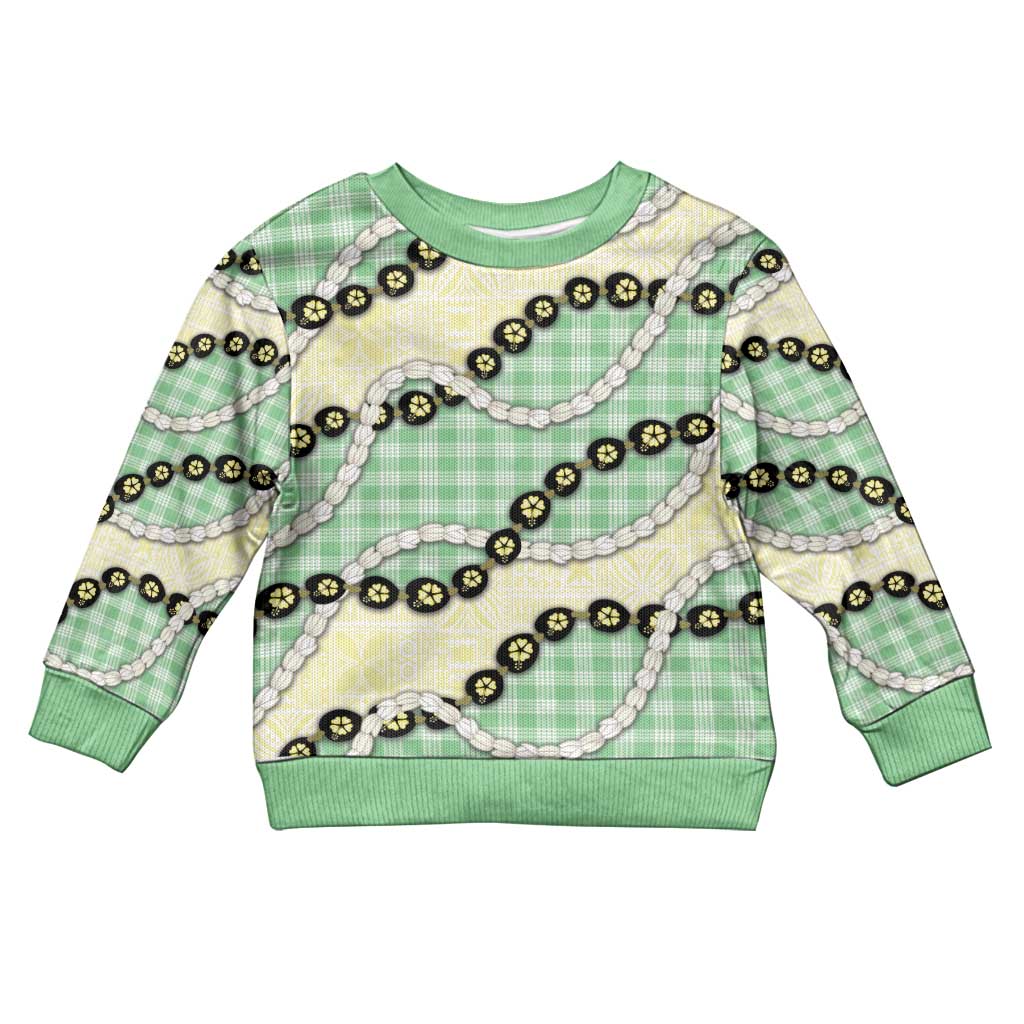 Green Palaka Hawaii Kid Ugly Christmas Sweater Kukui Nut Pikake Lei Hawaiian Tapa Pattern - Polynesian Pride