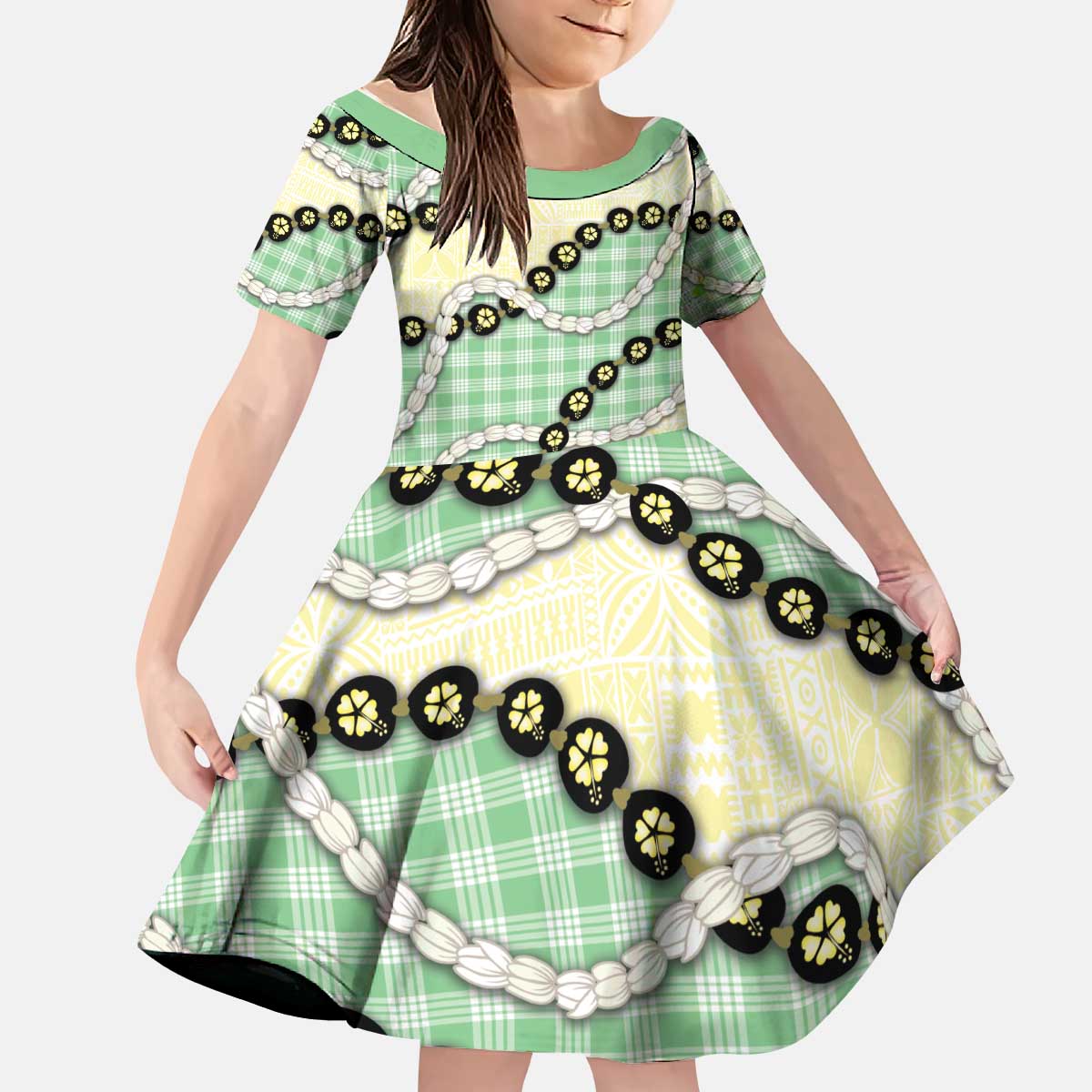 Green Palaka Hawaii Kid Short Sleeve Dress Kukui Nut Pikake Lei Hawaiian Tapa Pattern - Polynesian Pride