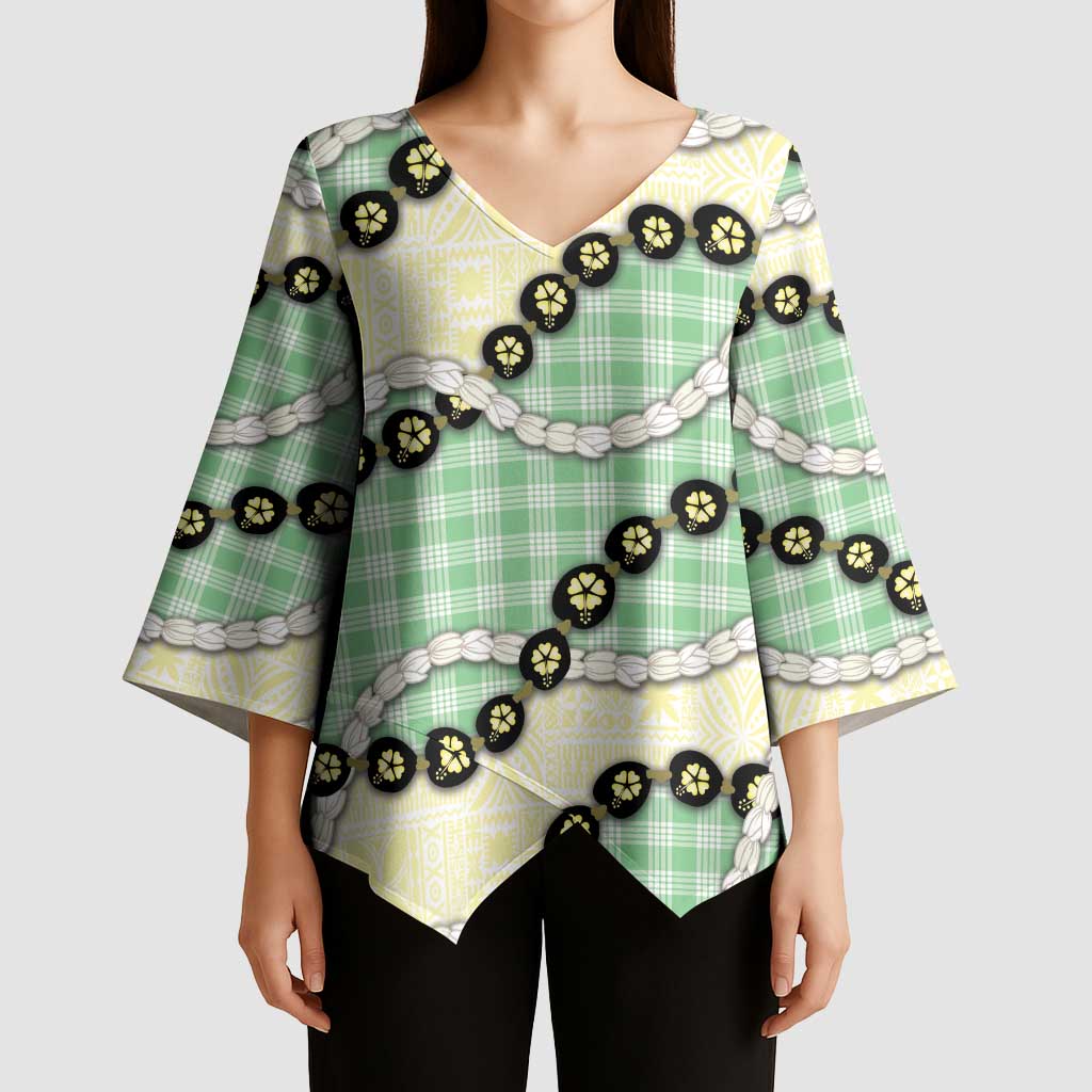 Green Palaka Hawaii Kimono Sleeve Blouse Kukui Nut Pikake Lei Hawaiian Tapa Pattern - Polynesian Pride