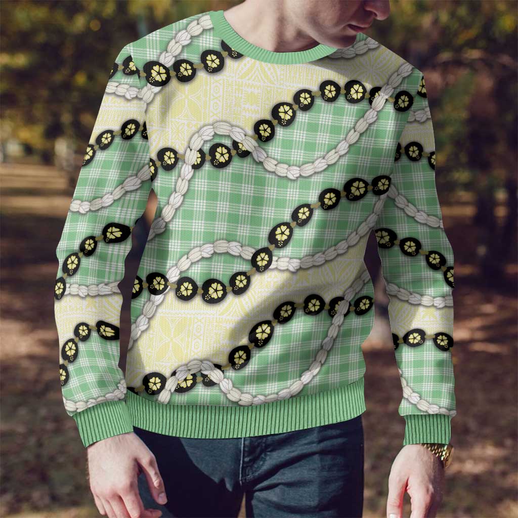 Green Palaka Hawaii Ugly Christmas Sweater Kukui Nut Pikake Lei Hawaiian Tapa Pattern - Polynesian Pride