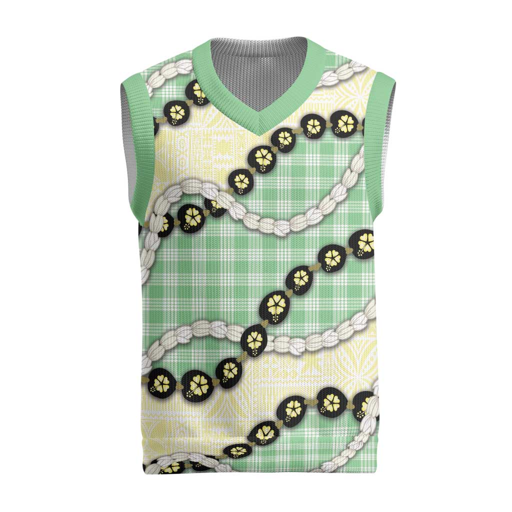 Green Palaka Hawaii Christmas Knitted V-Neck Vest Kukui Nut Pikake Lei Hawaiian Tapa Pattern - Polynesian Pride
