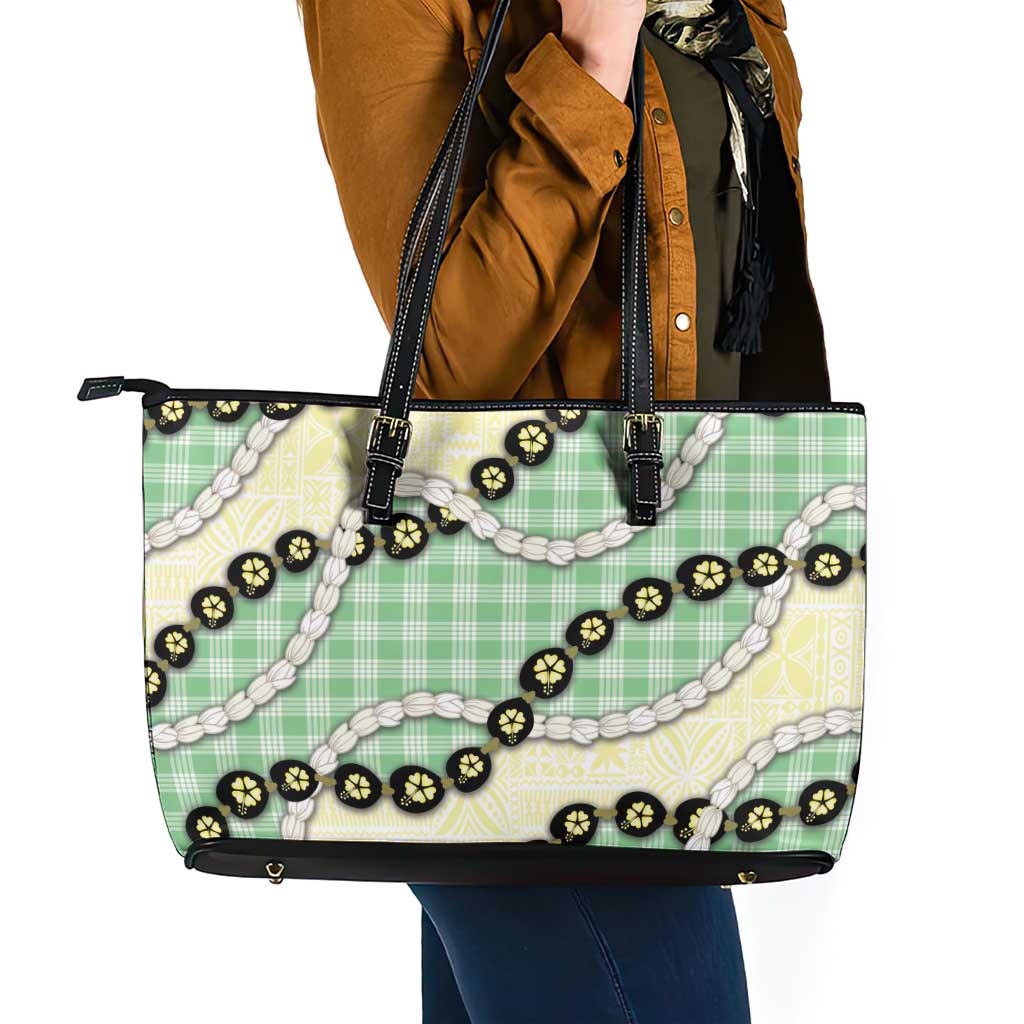 Green Palaka Hawaii Leather Tote Bag Kukui Nut Pikake Lei Hawaiian Tapa Pattern - Polynesian Pride