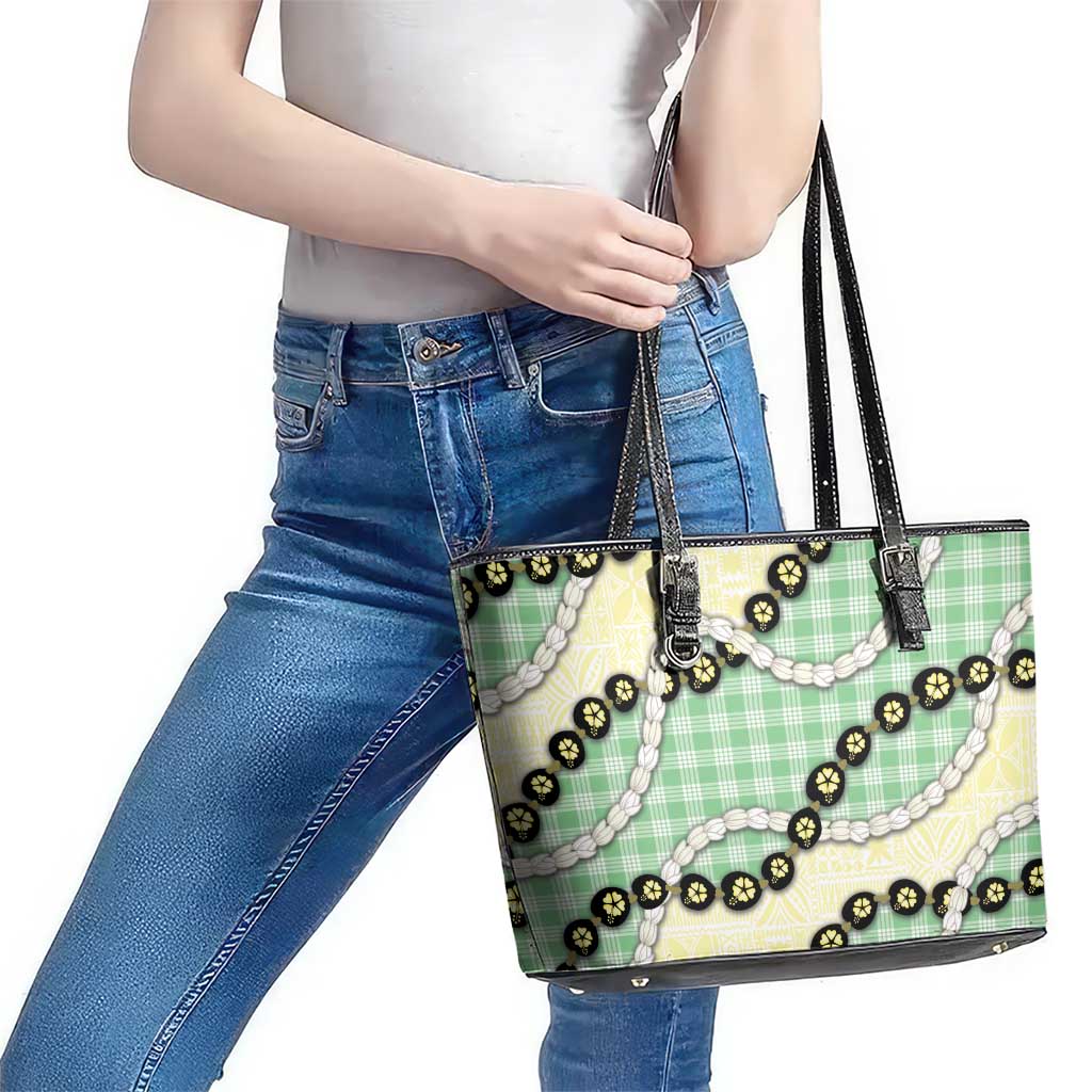 Green Palaka Hawaii Leather Tote Bag Kukui Nut Pikake Lei Hawaiian Tapa Pattern - Polynesian Pride