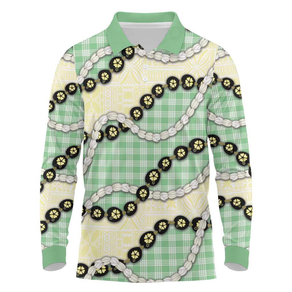 Green Palaka Hawaii Long Sleeve Polo Shirt Kukui Nut Pikake Lei Hawaiian Tapa Pattern - Polynesian Pride