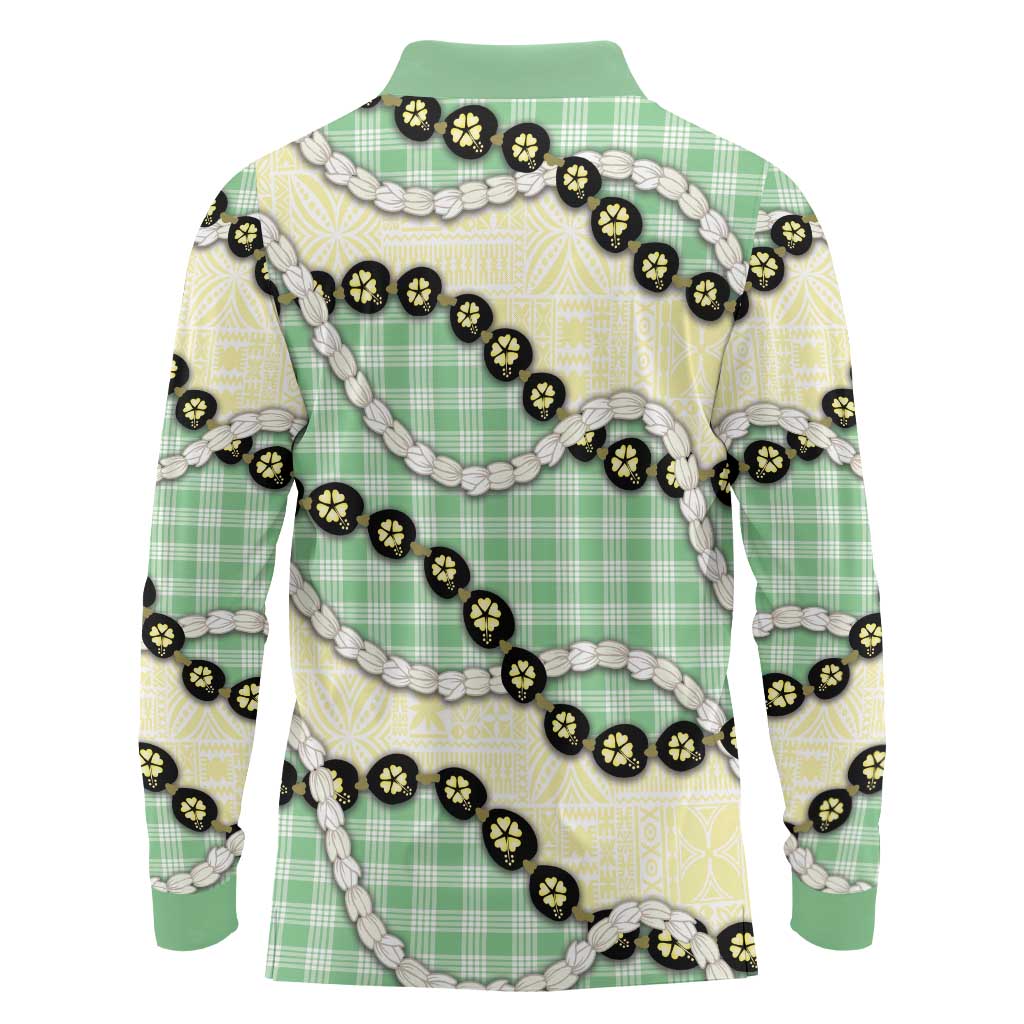 Green Palaka Hawaii Long Sleeve Polo Shirt Kukui Nut Pikake Lei Hawaiian Tapa Pattern - Polynesian Pride