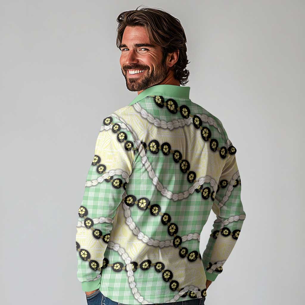 Green Palaka Hawaii Long Sleeve Polo Shirt Kukui Nut Pikake Lei Hawaiian Tapa Pattern - Polynesian Pride