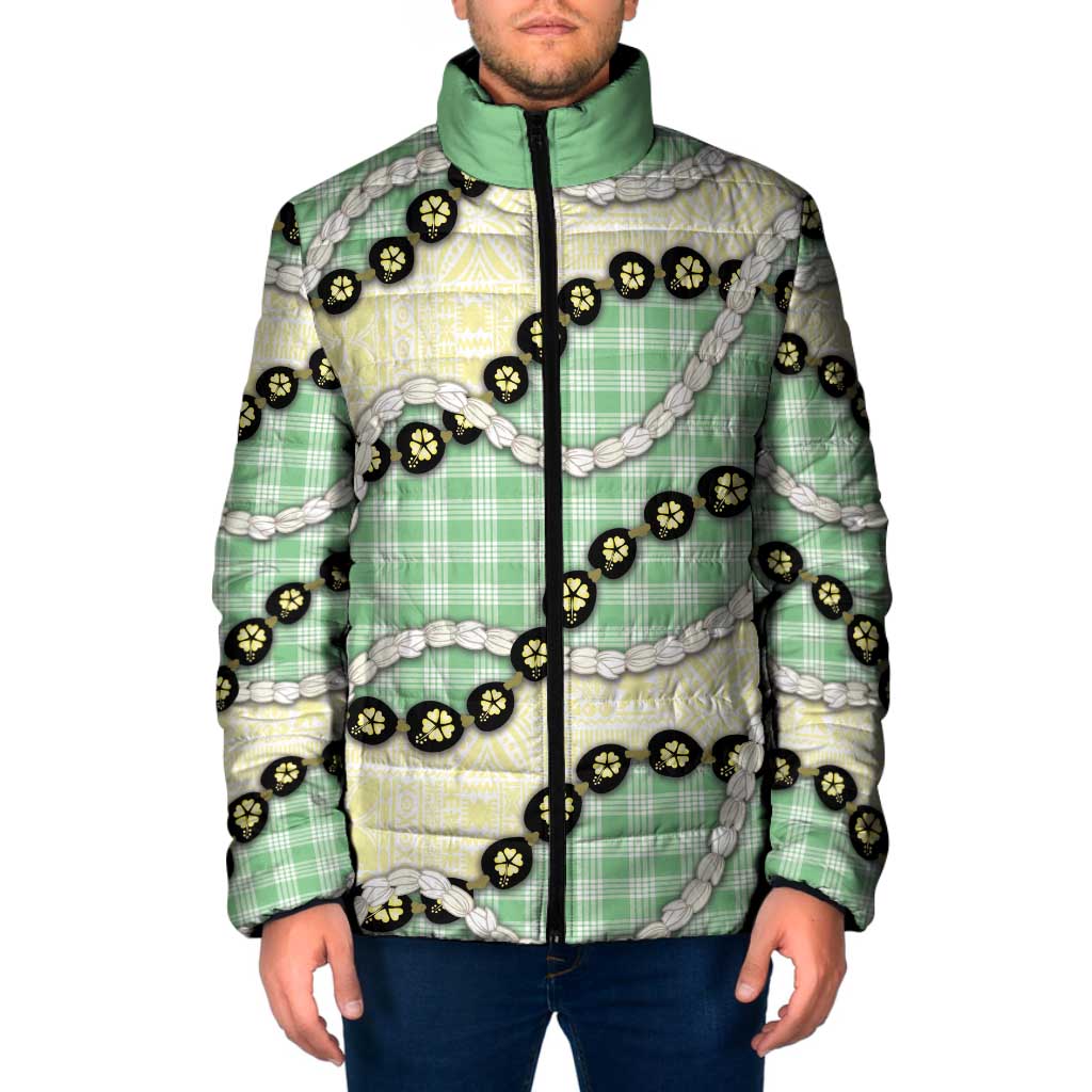 Green Palaka Hawaii Padded Jacket Kukui Nut Pikake Lei Hawaiian Tapa Pattern - Polynesian Pride