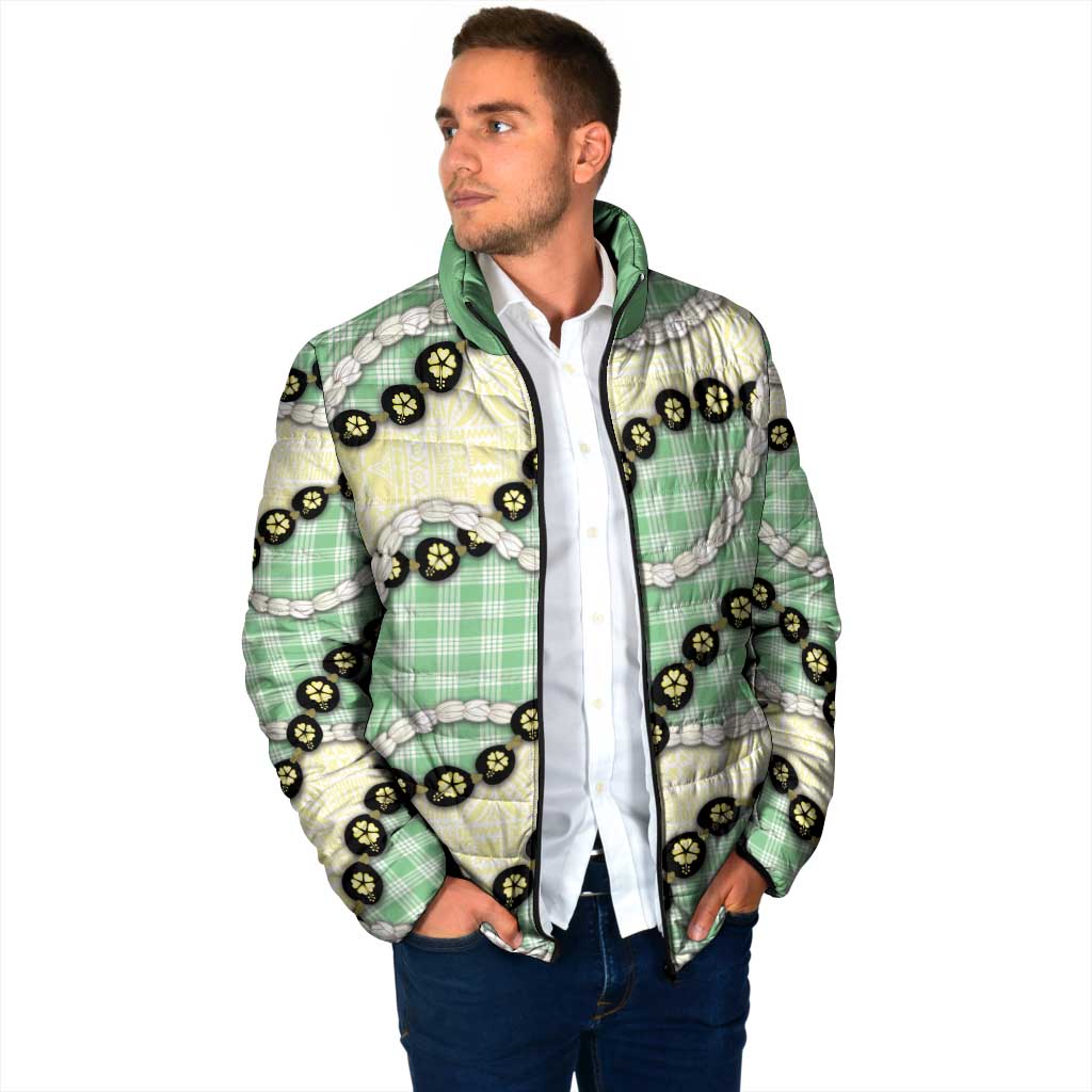 Green Palaka Hawaii Padded Jacket Kukui Nut Pikake Lei Hawaiian Tapa Pattern - Polynesian Pride