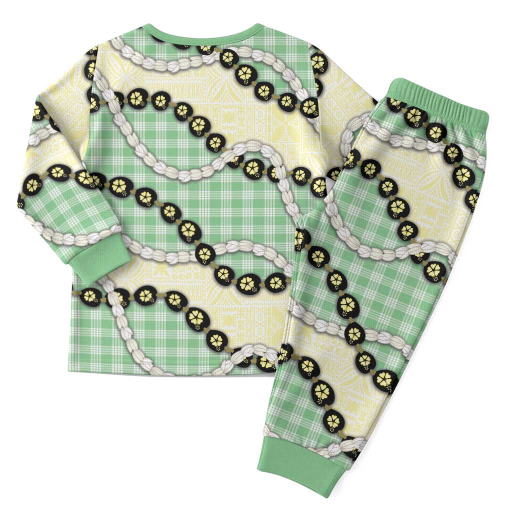 Green Palaka Hawaii Christmas Pajama Set Kukui Nut Pikake Lei Hawaiian Tapa Pattern - Polynesian Pride