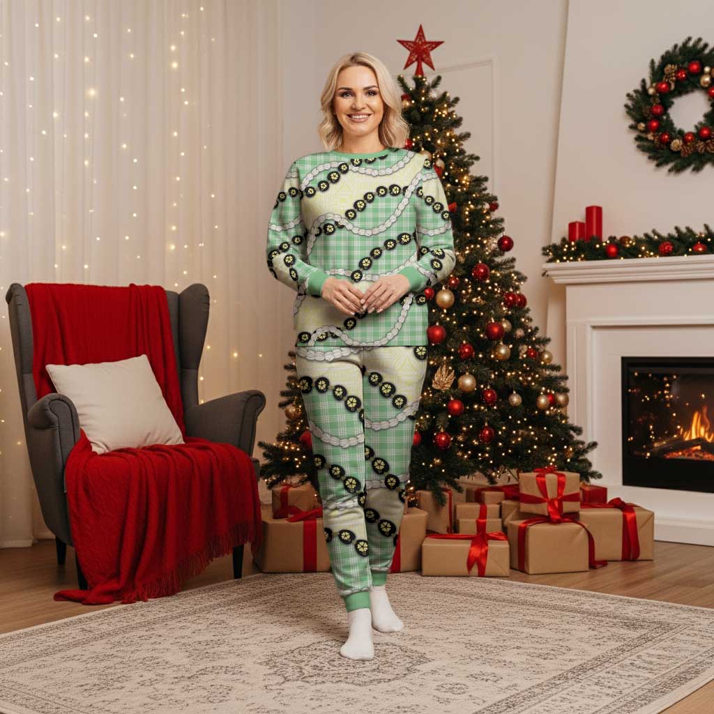 Green Palaka Hawaii Christmas Pajama Set Kukui Nut Pikake Lei Hawaiian Tapa Pattern - Polynesian Pride