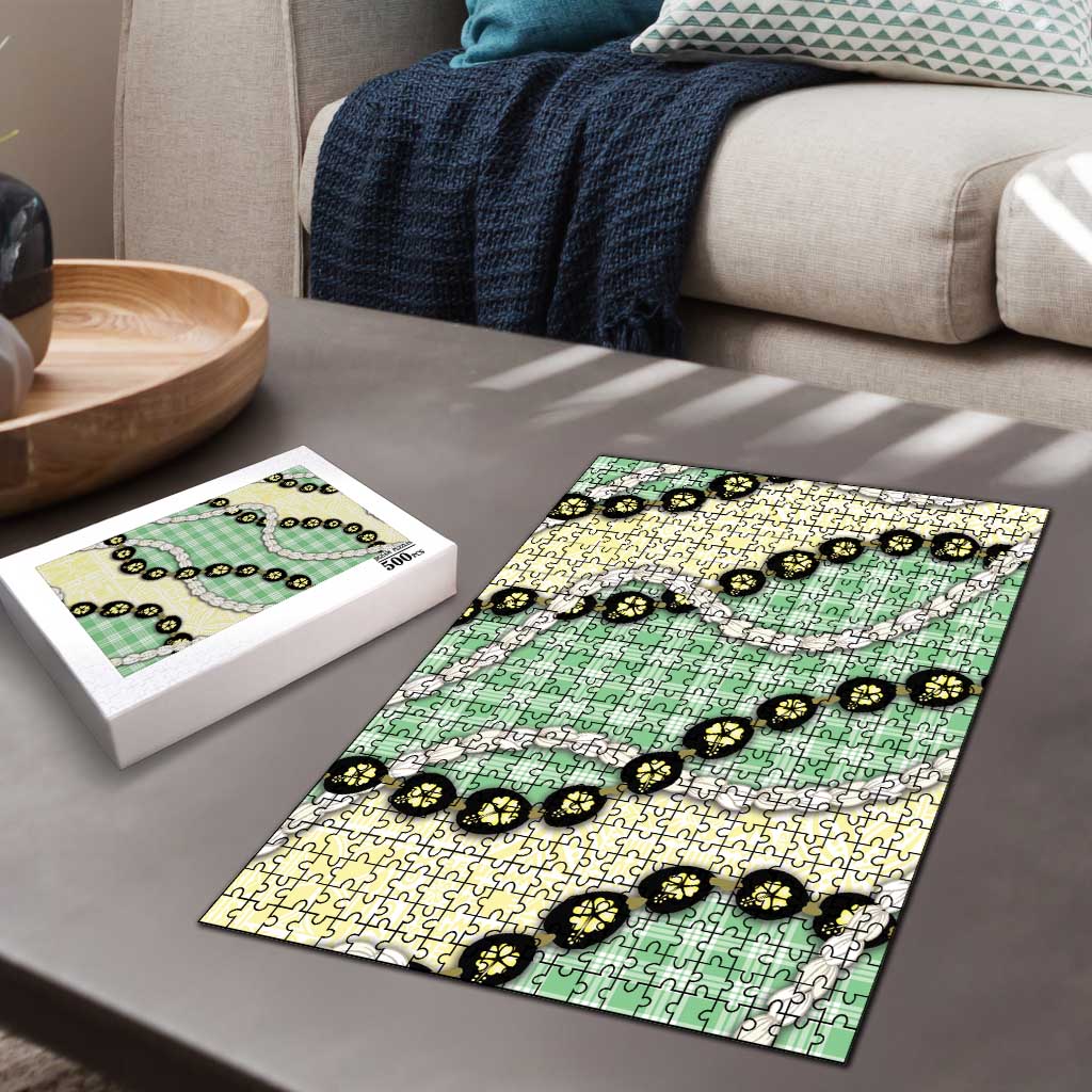 Green Palaka Hawaii Puzzle Kukui Nut Pikake Lei Hawaiian Tapa Pattern - Polynesian Pride