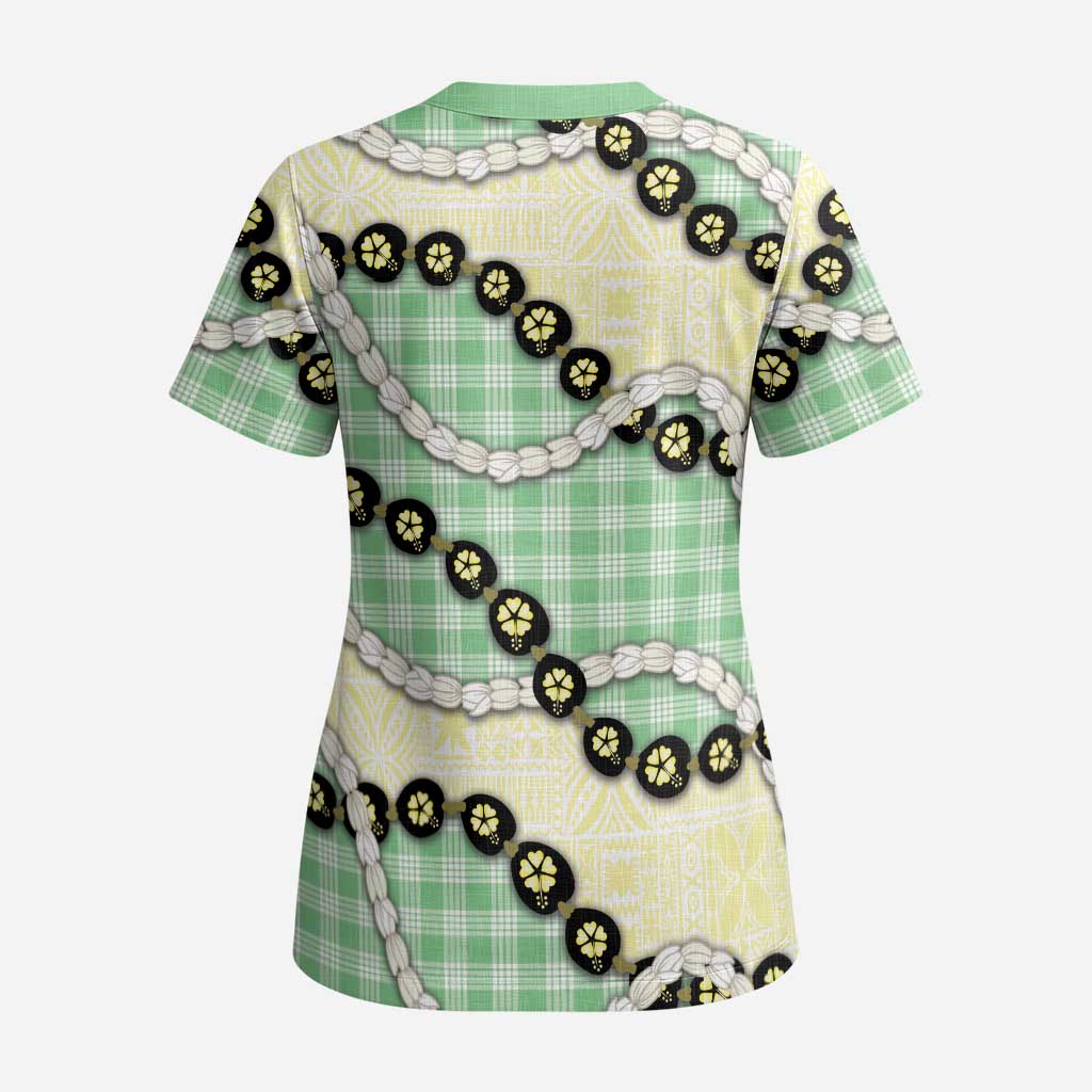 Green Palaka Hawaii Scrub Top Kukui Nut Pikake Lei Hawaiian Tapa Pattern - Polynesian Pride