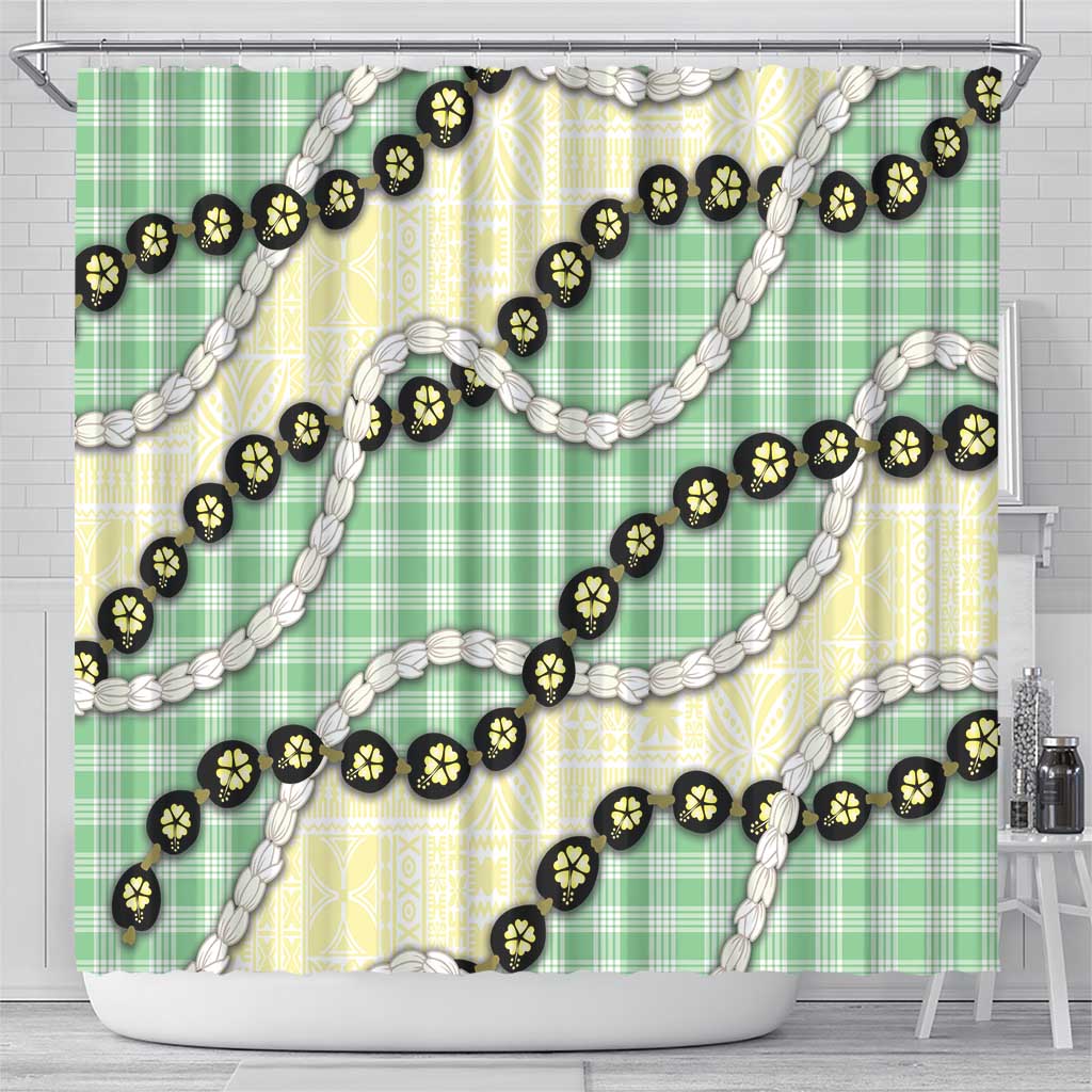 Green Palaka Hawaii Shower Curtain Kukui Nut Pikake Lei Hawaiian Tapa Pattern - Polynesian Pride