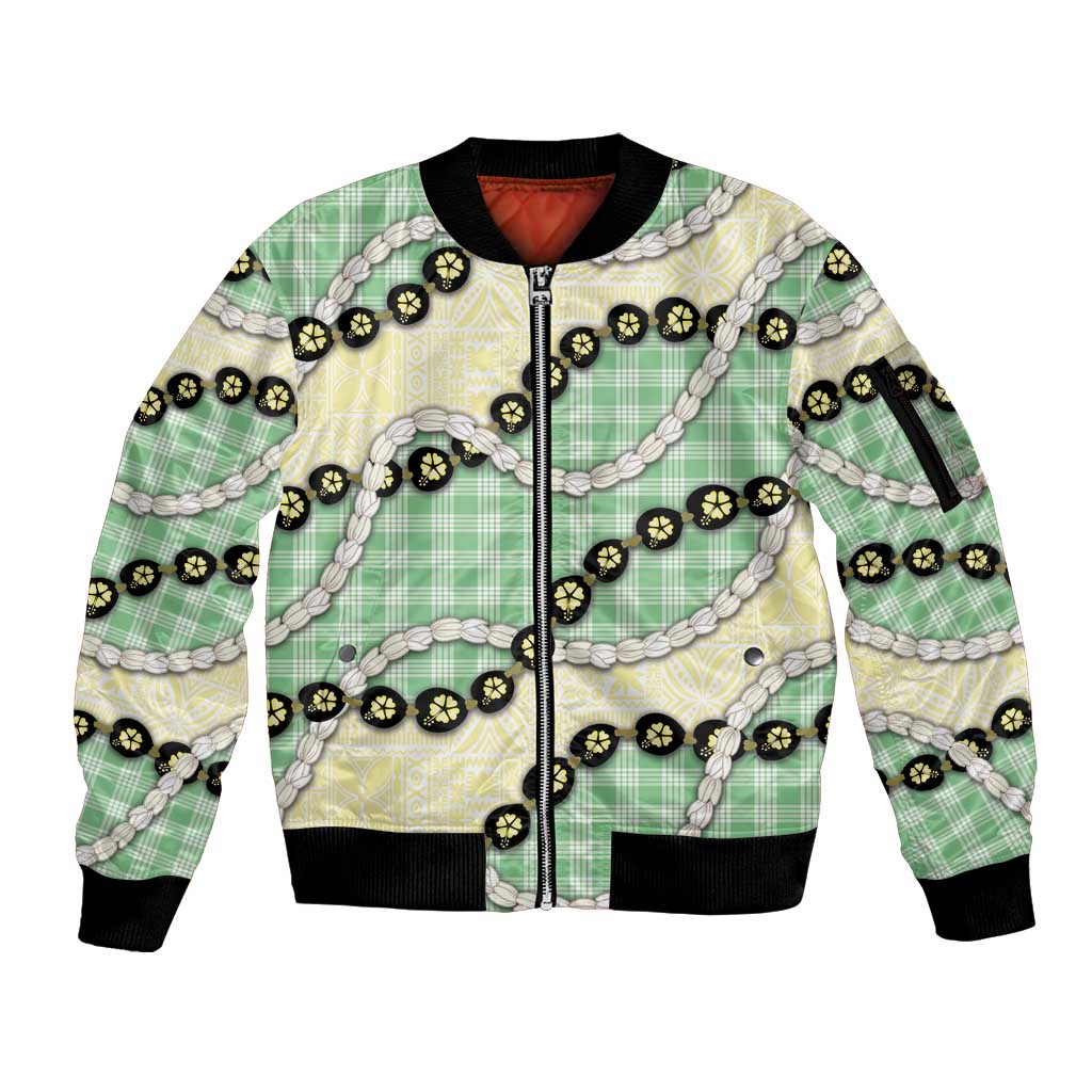 Green Palaka Hawaii Sleeve Zip Bomber Jacket Kukui Nut Pikake Lei Hawaiian Tapa Pattern - Polynesian Pride