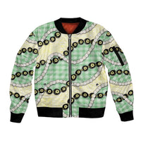 Green Palaka Hawaii Sleeve Zip Bomber Jacket Kukui Nut Pikake Lei Hawaiian Tapa Pattern - Polynesian Pride