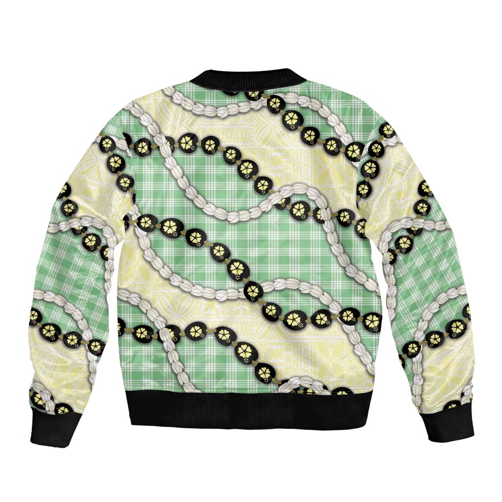 Green Palaka Hawaii Sleeve Zip Bomber Jacket Kukui Nut Pikake Lei Hawaiian Tapa Pattern - Polynesian Pride