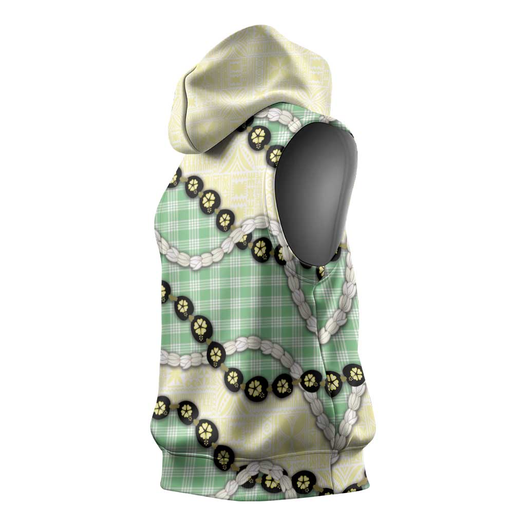 Green Palaka Hawaii Sleeveless Hoodie Kukui Nut Pikake Lei Hawaiian Tapa Pattern - Polynesian Pride