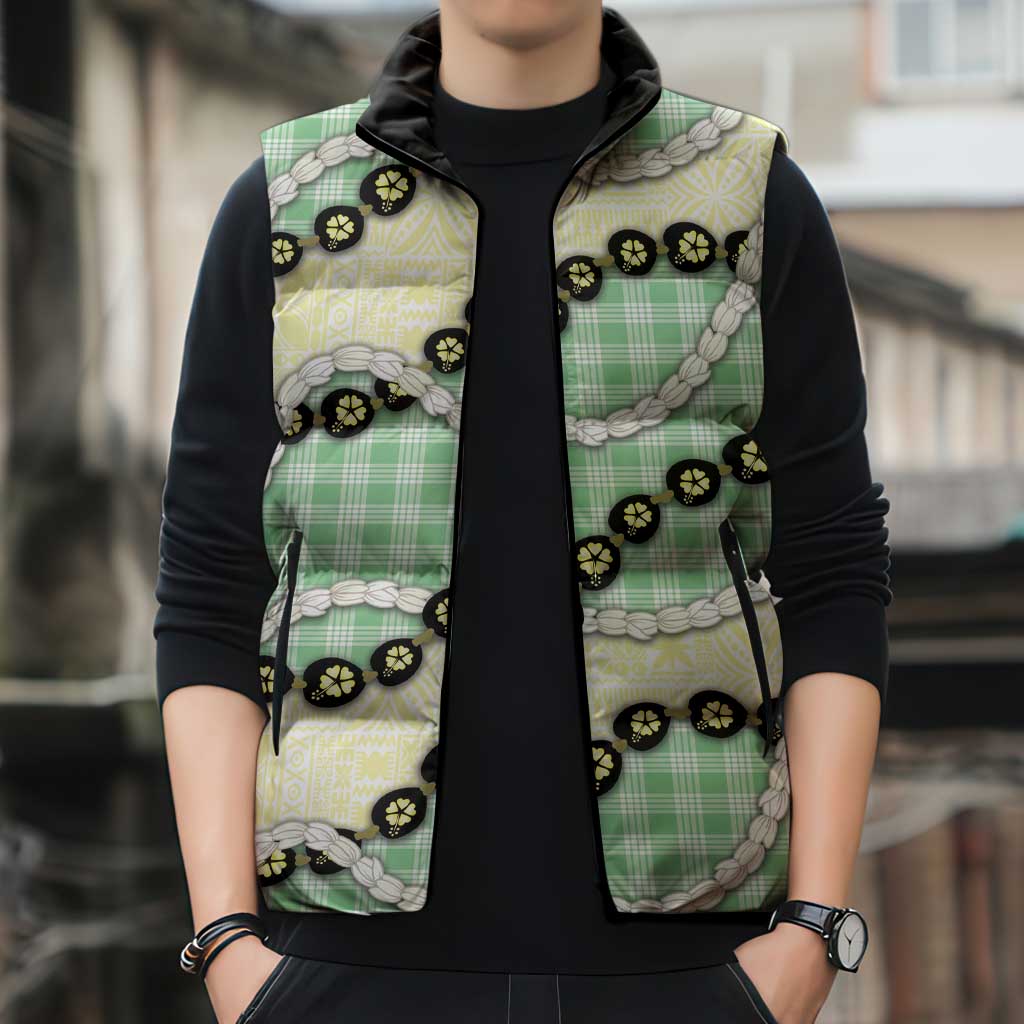 Green Palaka Hawaii Sleeveless Puffer Jacket Kukui Nut Pikake Lei Hawaiian Tapa Pattern - Polynesian Pride