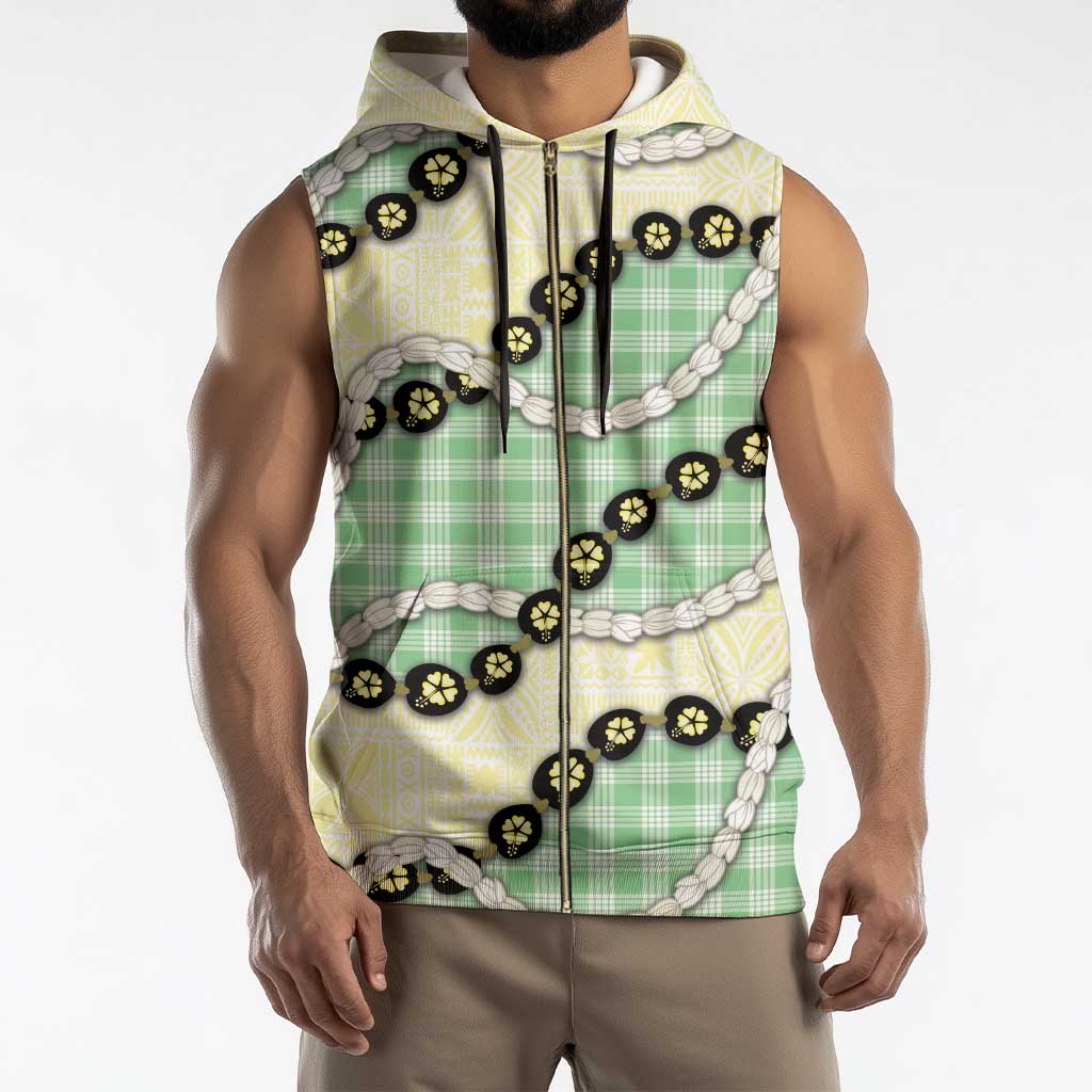 Green Palaka Hawaii Sleeveless Zip Hoodie Kukui Nut Pikake Lei Hawaiian Tapa Pattern - Polynesian Pride