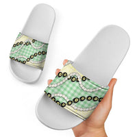 Green Palaka Hawaii Slide Sandals Kukui Nut Pikake Lei Hawaiian Tapa Pattern - Polynesian Pride