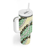 Green Palaka Hawaii Tumbler With Handle Kukui Nut Pikake Lei Hawaiian Tapa Pattern - Polynesian Pride