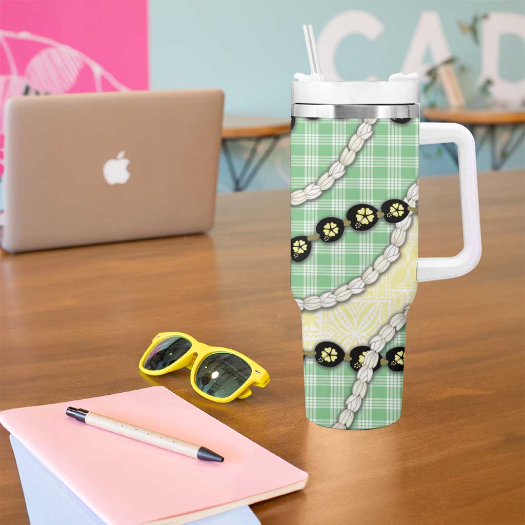 Green Palaka Hawaii Tumbler With Handle Kukui Nut Pikake Lei Hawaiian Tapa Pattern - Polynesian Pride