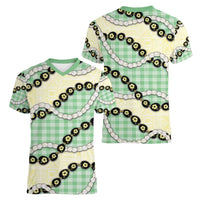 Green Palaka Hawaii Women V-Neck T-Shirt Kukui Nut Pikake Lei Hawaiian Tapa Pattern - Polynesian Pride