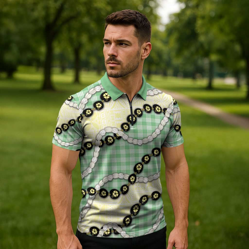 Green Palaka Hawaii Zipper Polo Shirt Kukui Nut Pikake Lei Hawaiian Tapa Pattern - Polynesian Pride