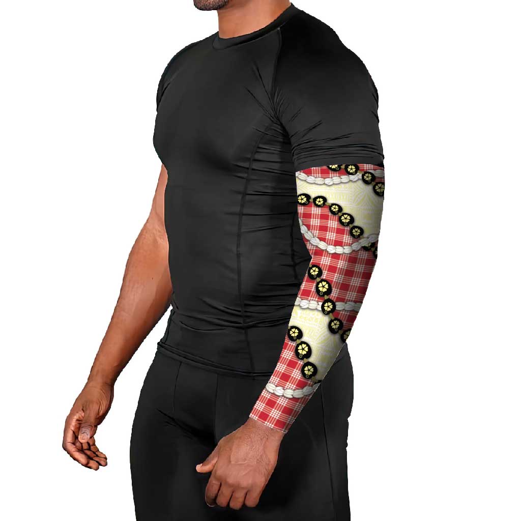 Red Palaka Hawaii Arm Sleeves Kukui Nut Pikake Lei Hawaiian Tapa Pattern - Polynesian Pride