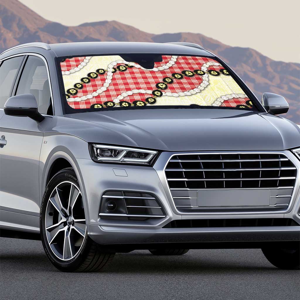 Red Palaka Hawaii Auto Sun Shade Kukui Nut Pikake Lei Hawaiian Tapa Pattern - Polynesian Pride