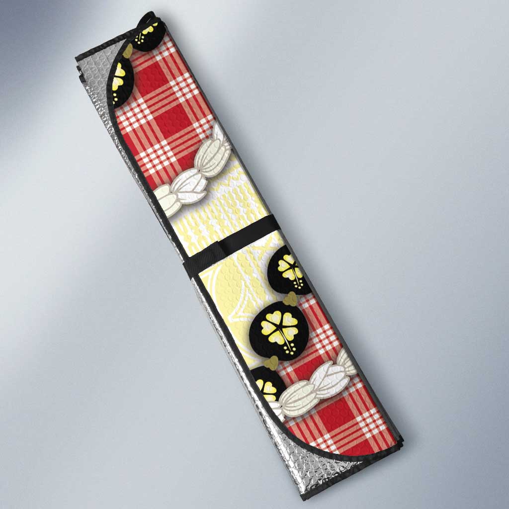 Red Palaka Hawaii Auto Sun Shade Kukui Nut Pikake Lei Hawaiian Tapa Pattern - Polynesian Pride