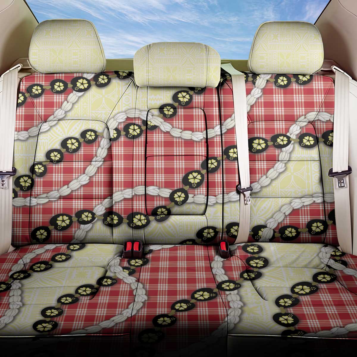 Red Palaka Hawaii Back Car Seat Cover Kukui Nut Pikake Lei Hawaiian Tapa Pattern - Polynesian Pride