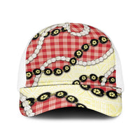 Red Palaka Hawaii Baseball Net Cap Kukui Nut Pikake Lei Hawaiian Tapa Pattern - Polynesian Pride