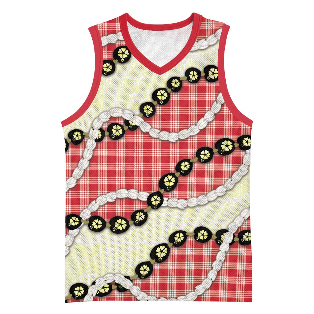 Red Palaka Hawaii Basketball Jersey Kukui Nut Pikake Lei Hawaiian Tapa Pattern - Polynesian Pride