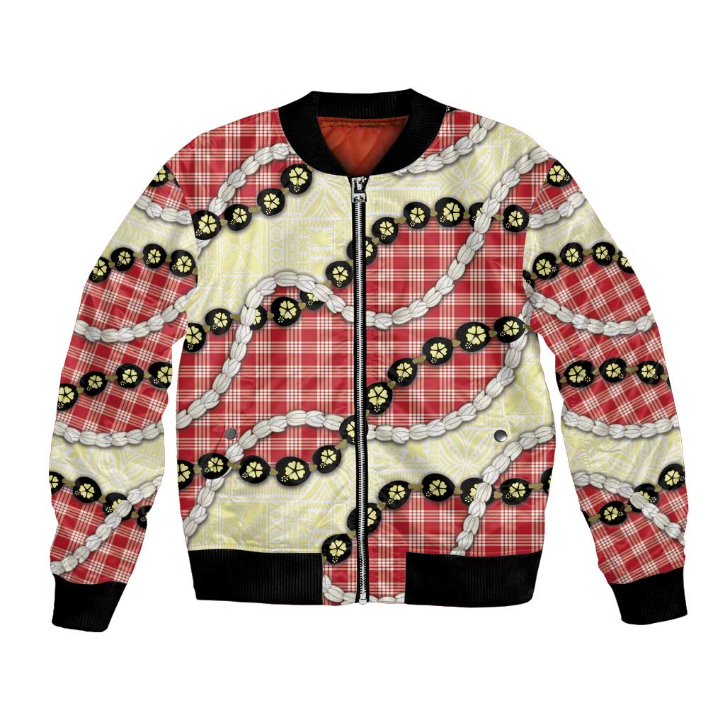 Red Palaka Hawaii Bomber Jacket Kukui Nut Pikake Lei Hawaiian Tapa Pattern - Polynesian Pride