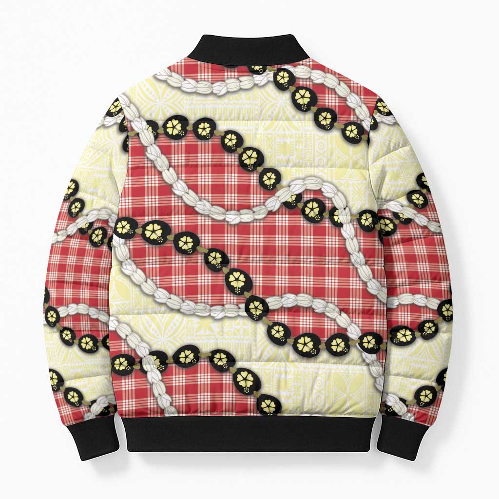 Red Palaka Hawaii Bomber Puffer Jacket Kukui Nut Pikake Lei Hawaiian Tapa Pattern - Polynesian Pride