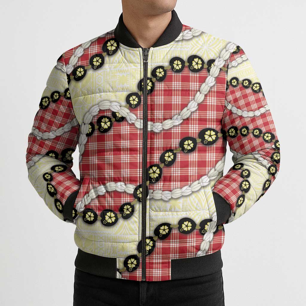 Red Palaka Hawaii Bomber Puffer Jacket Kukui Nut Pikake Lei Hawaiian Tapa Pattern - Polynesian Pride