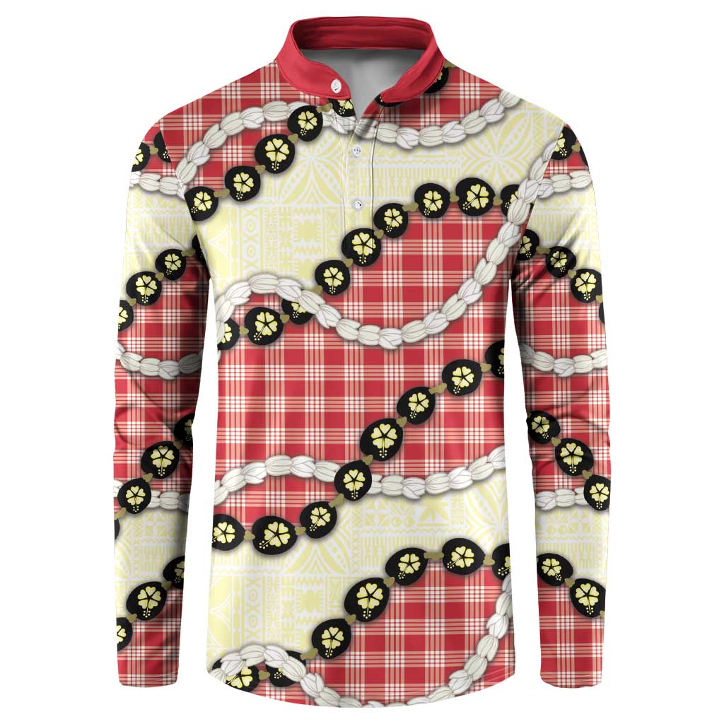 Red Palaka Hawaii Button Sweatshirt Kukui Nut Pikake Lei Hawaiian Tapa Pattern - Polynesian Pride