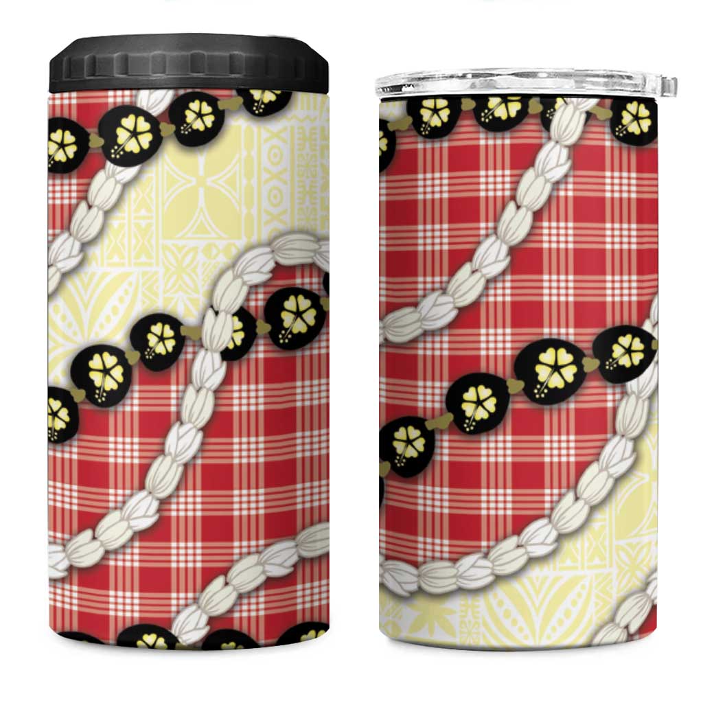 Red Palaka Hawaii 4 in 1 Can Cooler Tumbler Kukui Nut Pikake Lei Hawaiian Tapa Pattern - Polynesian Pride