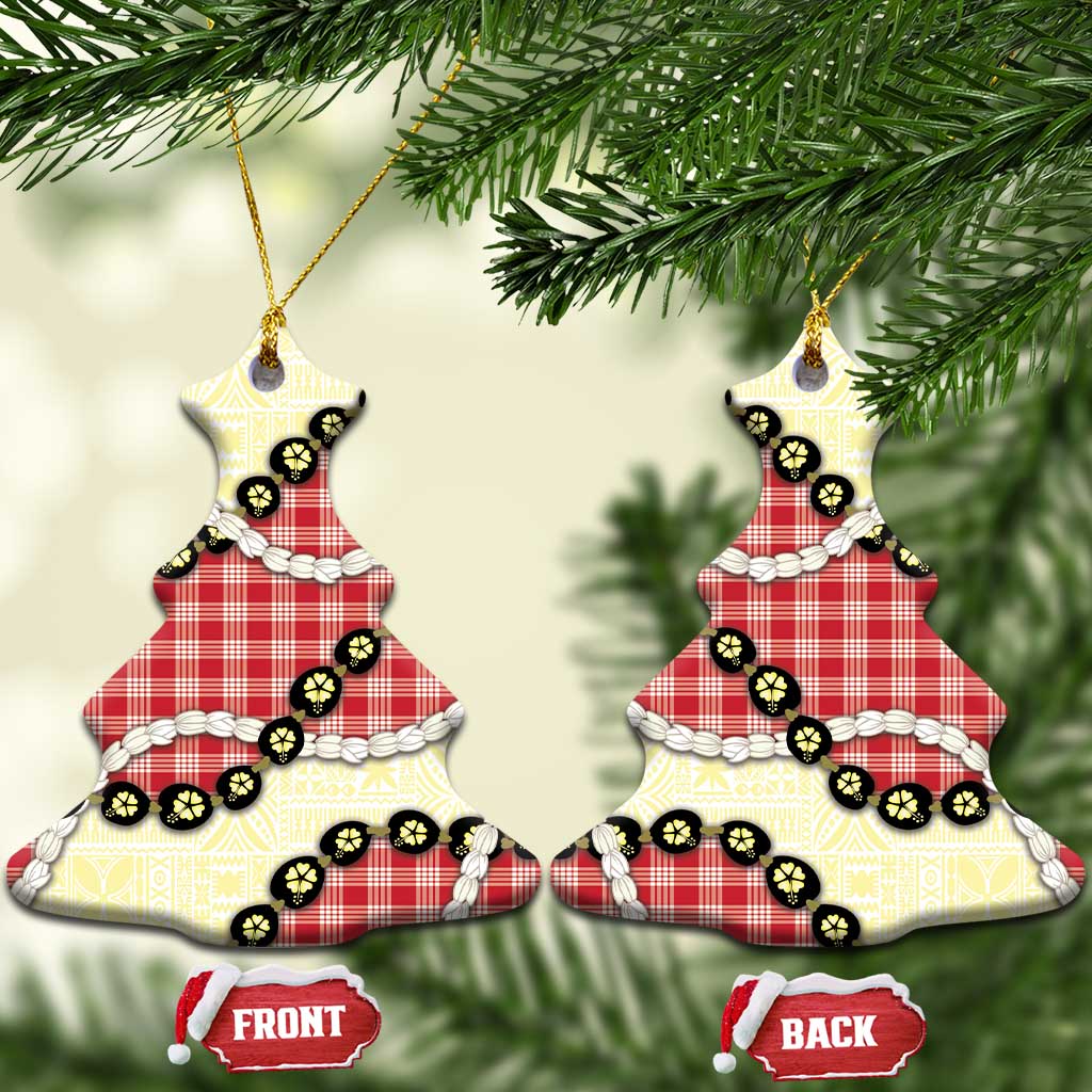 Red Palaka Hawaii Ceramic Ornament Kukui Nut Pikake Lei Hawaiian Tapa Pattern - Polynesian Pride