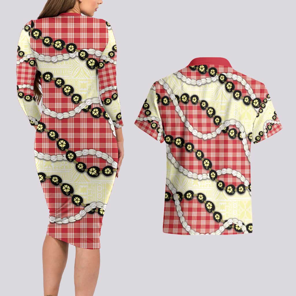 Red Palaka Hawaii Couples Matching Long Sleeve Bodycon Dress and Hawaiian Shirt Kukui Nut Pikake Lei Hawaiian Tapa Pattern - Polynesian Pride