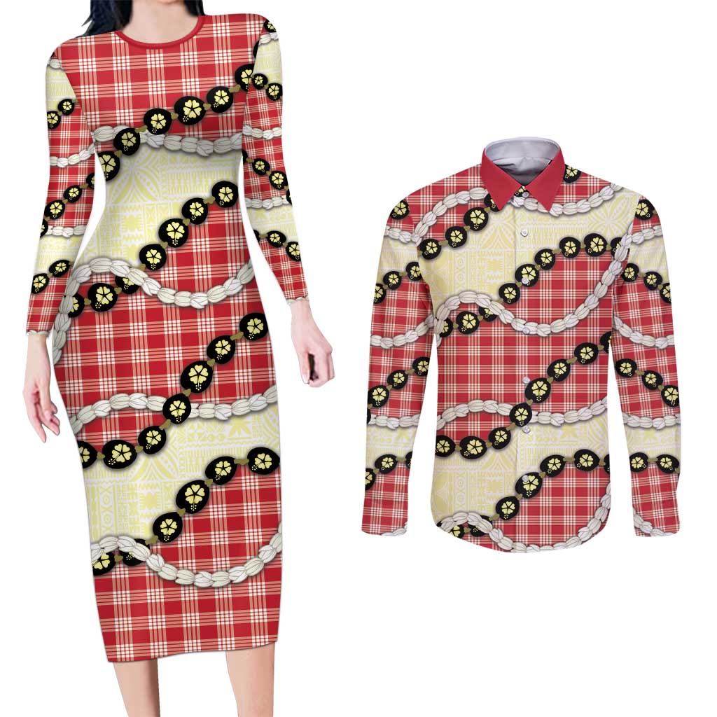Red Palaka Hawaii Couples Matching Long Sleeve Bodycon Dress and Long Sleeve Button Shirt Kukui Nut Pikake Lei Hawaiian Tapa Pattern - Polynesian Pride