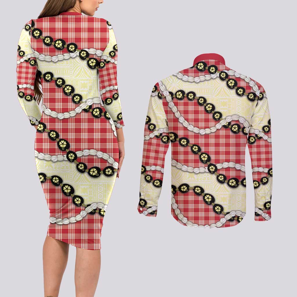 Red Palaka Hawaii Couples Matching Long Sleeve Bodycon Dress and Long Sleeve Button Shirt Kukui Nut Pikake Lei Hawaiian Tapa Pattern - Polynesian Pride