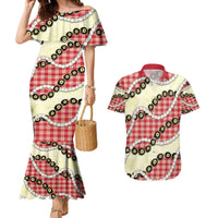 Red Palaka Hawaii Couples Matching Mermaid Dress and Hawaiian Shirt Kukui Nut Pikake Lei Hawaiian Tapa Pattern - Polynesian Pride